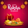 Happy Raksha Bandhan celebration concept. Beautiful decorated Thali, plate with Rakhi, Sweet and Earthen Lamp. vector illustration