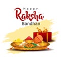 Happy Raksha Bandhan celebration concept. Beautiful decorated Thali, plate with Rakhi, Sweet and Earthen Lamp. vector illustration