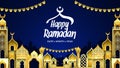 Happy Ramadan Banner in Golden Islamic City Background