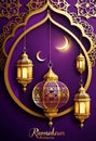 Happy Ramadan Kareem purple and golden background
