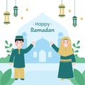 Happy ramadan with moslem kids flat design