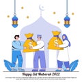 Happy Ramadan Mubarak Charity Donation with Muslim Characters, Money Bag, Lantern, Star, Poor People