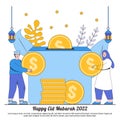Happy Ramadan Mubarak Charity Donation with Lantern, Star, and Muslim Characters Holding Coin