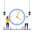 Happy ramadan mubarak greeting concept with tiny people. Muslim people holding wall clock flat vector illustration. Can use for