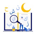 Happy ramadan mubarak greeting concept with tiny people. People reading quran flat vector illustration. Can use for poster, card,