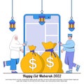 Happy Ramadan Mubarak Greeting with Money Bag, Lantern, and Muslim Characters Using Smartphone