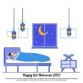 Happy Ramadan Mubarak Greeting with Lantern, Quran, Moon, Muslim Characters Sleeping at Night