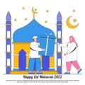 Happy Ramadan Mubarak Greeting with Star, Moon, and Muslim Characters Giving Present