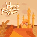 Happy ramadan mubarak text greeting concept with Illustration mosque and floral for web landing page template, banner, presentatio