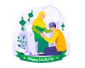 Happy Ramadhan and Eid Mubarak. Muslim man apologizing to his mother. A tradition of Eid al-Fitr. Vector illustration