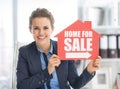 Happy realtor woman showing home for sale sign
