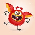 Happy red cartoon monster dancing. Halloween vector illustration ofrad furry monster character.