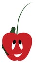 A happy red cherry fruit emoji worried about a small green insect crawling on its shoulder vector color drawing or illustration