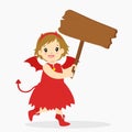 Happy Red Devil Holding a Wooden Sign and a Pumpkin Bucket, Halloween Cartoon Royalty Free Stock Photo