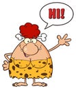 Happy Red Hair Cave Woman Cartoon Mascot Character Waving And Saying Hi