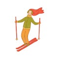 Happy red hair girl is skiing down a hill. Vector Royalty Free Stock Photo