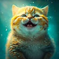 Happy red-haired kitten enjoying rain drops. Smiling fluffy cat at blue backdrop. Close up. Generative AI