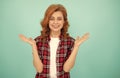 happy red haired woman. redhead woman in checkered shirt. express positive emotions. Royalty Free Stock Photo