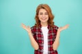 happy red haired woman. redhead woman in checkered shirt. express positive emotions. Royalty Free Stock Photo