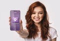 Red-Haired Woman Showing Smartphone With Mobile Navigation App, White Background