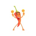 Happy Red Hot Chili Pepper Humanized Emotional Flat Cartoon Character With Maracas At The PArty Royalty Free Stock Photo