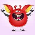 Happy red monster excited. Vector illustration of hairy round troll waving hands. Royalty Free Stock Photo