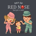 Happy Red Nose Day, Mother Brought Her Daughter To Medical Doctor In Hospital, Mom Fun Clownnose And Baby Girl Patient