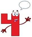 Happy Red Number Four Cartoon Mascot Character Waving For Greeting