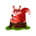 Happy red squirrel sitting on tree stump and eating ice-cream. Flat vector icon of small forest rodent with fluffy tail Royalty Free Stock Photo