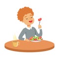 Happy redhead boy sitting at the table and eating a vegetable salad, colorful character vector Illustration