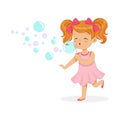 Happy redhead girl in pink dress blowing bubbles vector Illustration Royalty Free Stock Photo