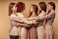 Happy redhead ladies with natural beauty posing at camera together,hugging Royalty Free Stock Photo