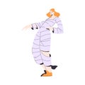 Happy Redhead Woman at Halloween Party Standing in Mummy Costume Vector Illustration