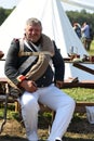 Happy reenactor portrait at Borodino battle historical reenactment in Russia