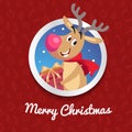 Happy Reindeer with big red nose and cute scarf smiling and taking gift box. Christmas poster or banner. Cartoon style. Red patte