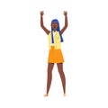 Happy and Rejoicing African American Woman Character with Blue Hair Cheering Raising Hands Up Vector Illustration