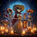 Happy, rejoicing, funny, painted skeletons, skeletons in fairy tale style celebrating. For the day of the dead and Halloween