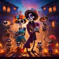 Happy, rejoicing, funny, painted skeletons, skeletons in fairy tale style celebrating. For the day of the dead and Halloween