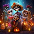 Happy, rejoicing, funny, painted skeletons, skeletons in fairy tale style celebrating. For the day of the dead and Halloween