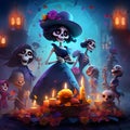 Happy, rejoicing, funny, painted skeletons, skeletons in fairy tale style celebrating. For the day of the dead and Halloween