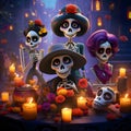 Happy, rejoicing, funny, painted skeletons, skeletons in fairy tale style celebrating. For the day of the dead and Halloween