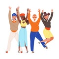 Happy and Rejoicing Group of People Characters Cheering Raising Hands Up Vector Illustration