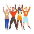 Happy and Rejoicing Group of People Characters Cheering Raising Hands Up Vector Illustration