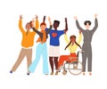 Happy and Rejoicing Group of People Characters Cheering Raising Hands Up Vector Illustration