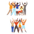 Happy and Rejoicing Group of People Characters Cheering Raising Hands Up Vector Set