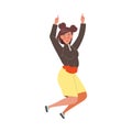 Happy and Rejoicing Jumping Woman Character Cheering Raising Hands Up Vector Illustration
