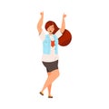 Happy and Rejoicing Plump Woman Character Cheering Raising Hands Up Vector Illustration