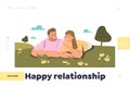 Happy relationship concept of landing page with young loving couple lying on green grass outdoors Royalty Free Stock Photo