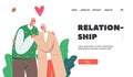 Happy Relationship Landing Page Template. Old Man and Woman Embracing and Hugging. Loving Elderly Couple Characters