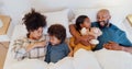 Happy, relax and children with parents in bed of home for bonding together with teddy bear and top. Smile, fun and young Royalty Free Stock Photo